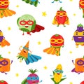 Funny Vegetable Hero in Mask and Cloak Rushing to Rescue Vector Seamless Pattern Royalty Free Stock Photo