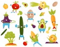 Funny vegetables doing sports, sportive avocado, corncob, eggplant, broccoli, cucumber, carrot, tomato, pepper, potato