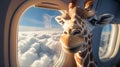 Funny airplane view to a giraffe. Generative AI.