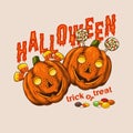 Funny vintage emblem with candy, two pumpkin heads stylized as mischievous freckled kids faces.