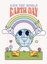 Funny vintage Retro trendy style Environment friendly earth day cartoon character Contemporary illustration Doodle Comic rainbow