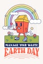 Funny vintage Retro trendy style Environment friendly earth day trash bin cartoon character Contemporary illustration Doodle Comic