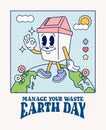 Funny vintage Retro trendy style Environment friendly earth day trash bin cartoon character Contemporary illustration Doodle Comic