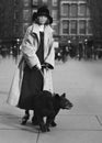 Funny Vintage Woman Walking Bear in City