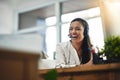 Funny, virtual assistant or happy woman in call center consulting, speaking or talking at help desk. Smile, friendly or Royalty Free Stock Photo