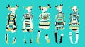 Funny voodoo dolls set in flat style. Smile girls witch skeleton with dress, character design. Hand drawing decor elements for