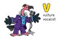 Funny vulture singer or vocalist. ABC. Alphabet V