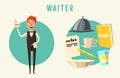 Funny waiter, cute character. Vector cartoon illustration