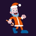 Funny walking Santa Claus with a with a Christmas candy cane, cartoon style, vintage groovy characters. Trendy modern