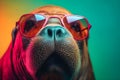 Funny walrus wearing sunglasses in studio with a colorful and bright background. Generative AI