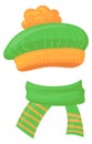 Funny warm hat and scarf. Cold season cartoon accessories