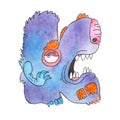 Funny watercolor cartoon English alphabet with monsters