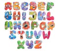 Funny watercolor cartoon English alphabet with monsters