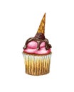 Funny watercolor cupcake made of biscuit dough and strawberry, raspberry cream, decorated with chocolate and ice cream isolated on Royalty Free Stock Photo