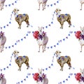 Funny watercolor seamless pattern of alpaca and cartoon llama