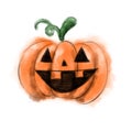 Funny watercolor smiling pumpkin coloren orange and green separeted on the white background