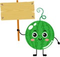 Funny watermelon mascot holding a wooden sign Royalty Free Stock Photo