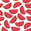 Funny watermelon seamless pattern. Slices of delicious summer fruit with different kawaii emotions in a cute flat Royalty Free Stock Photo