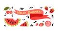 Funny watermelon slices. Summer time party. Cartoon vector set with red strawberry, cherry and lettering