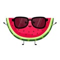 Funny watermelon in sunglasses in cartoon style. Vector. Funny slice with seeds