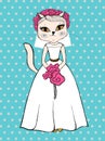 Funny wedding greeting card, invitation with cat bride. Vector illustration