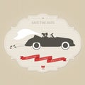 Funny wedding invitation with vintage car dragging cans