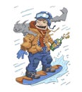 Funny guy with a bottle of booze and a cat on his shoulder riding on a snowboard. Monster of snowboarding, crazy rider