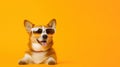 Funny welsh corgi dog in cook sunglasses ready for vacation in hot sunny country, yellow background, copy space. Generative AI