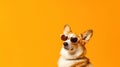 Funny welsh corgi dog in cook sunglasses ready for vacation in hot sunny country, yellow background, copy space. Generative AI