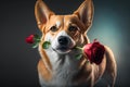 Funny welsh corgi dog with a flower in his mouth, Generative AI Royalty Free Stock Photo