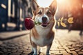 Funny welsh corgi dog with a flower in his mouth, Generative AI Royalty Free Stock Photo