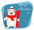 Funny white bear cartoon character holding skis