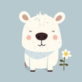 Funny white cartoon dog next to a flower