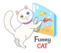 Funny White Cat Looking Aquarium with Fish Vector Royalty Free Stock Photo