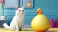 Funny white cat sits with a yellow rubber duck. Generative AI