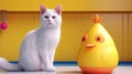 Funny white cat sits with a yellow rubber duck. Generative AI