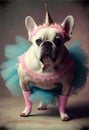 Funny white French bulldog dog dressed in a tutu and with a unicorn horn on his head. Royalty Free Stock Photo