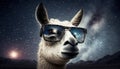 Funny white no prob llama wearing sunglasses looking fantasy sky