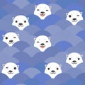 Funny white Polar Bear in blue water, sea waves Seamless pattern, background. Kawaii faces. Vector illustration