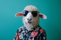 Funny white sheep with sunglasses and shirt in front of blue background Royalty Free Stock Photo