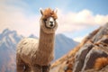 Funny white smiling alpaca, South American camelid