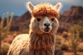 Funny white smiling alpaca, South American camelid