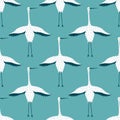 Funny white storks hand drawn vector illustration. Adorable flying birds in flat style seamless pattern for children fabric.