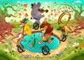 Funny wild animals on unicycles are playing in the wood