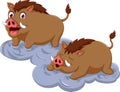 Funny wild boar cartoon sitting with her baby