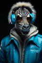 Funny wildlife trendy horse. Zebra animal with headphones. Generative AI