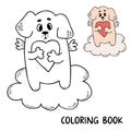 Funny winged cupid dog with heart on cloud. Vector illustration. Cute kids collection animals coloring page. Outline and