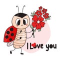 Funny winged insect ladybird with flower. Valentine card with cute ladybug. I love you. Vector illustration. Hand drawn