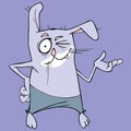 Funny winking cartoon gray hare in pants shows paw