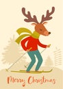 Funny winter card with cartoon deer skier. Vector illustration with text. Christmas poster.
